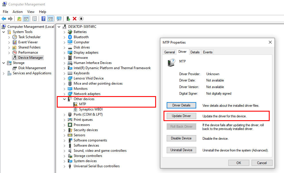 MTP driver installation on Windows | In/Out